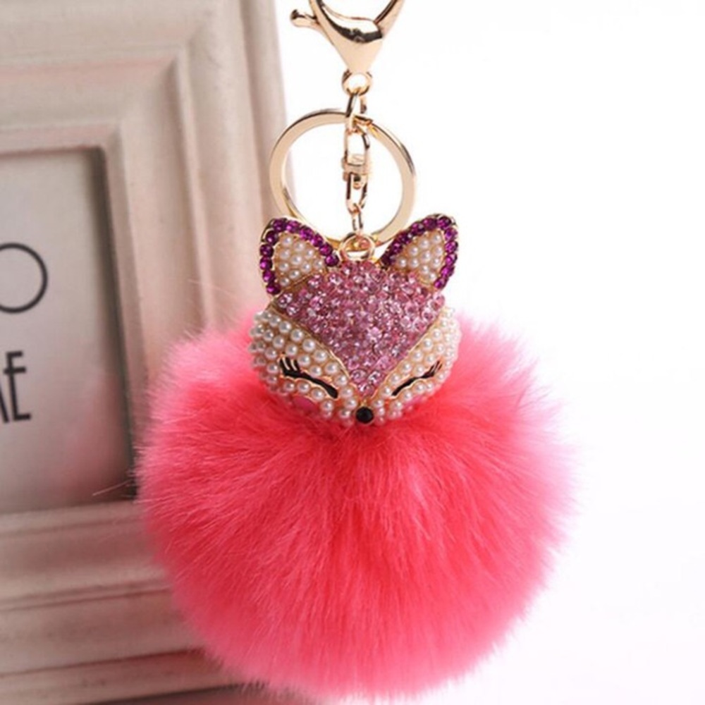 Crystal & Pearl Fox Hot Pink Pom Pom Keychain - Picture 2 of 15